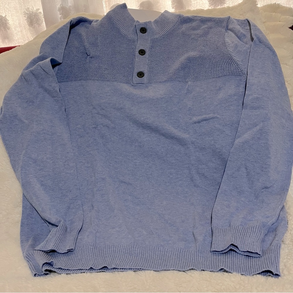 Men’s Blue Button Mock Sweater NEW with tiny small tear